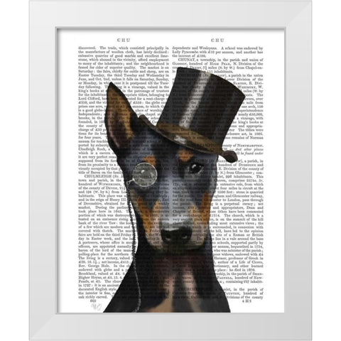 Doberman, Formal Hound and Hat White Modern Wood Framed Art Print by Fab Funky