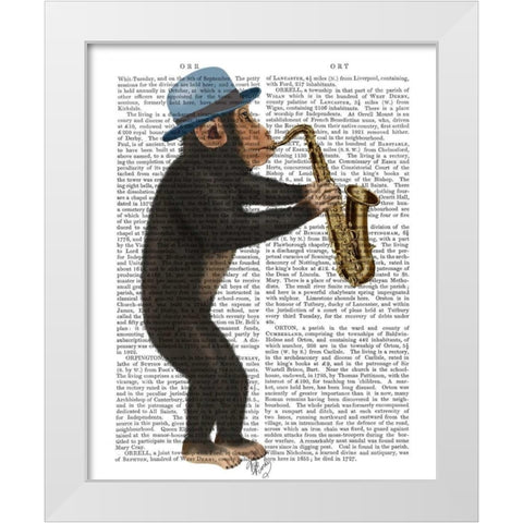 Monkey Playing Saxophone White Modern Wood Framed Art Print by Fab Funky