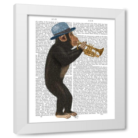 Monkey Playing Trumpet with Blue Hat White Modern Wood Framed Art Print by Fab Funky