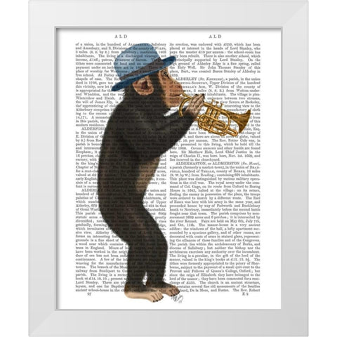 Monkey Playing Trumpet with Blue Hat White Modern Wood Framed Art Print by Fab Funky