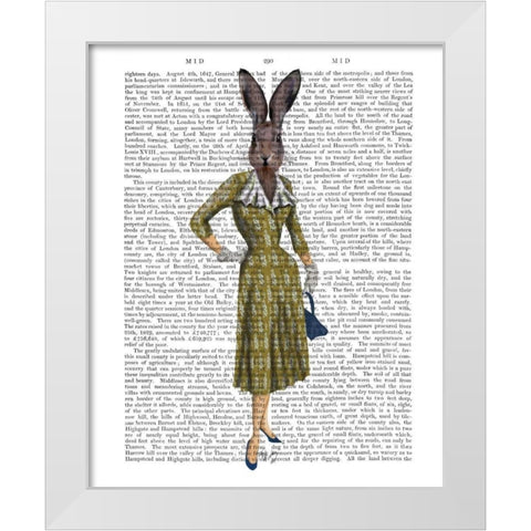 Rabbit In Mustard Dress White Modern Wood Framed Art Print by Fab Funky
