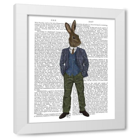 Rabbit in Blue Waistcoat White Modern Wood Framed Art Print by Fab Funky