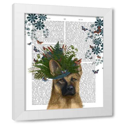 German Shepherd Milliners Dog White Modern Wood Framed Art Print by Fab Funky