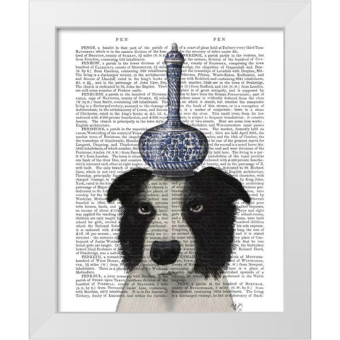 Border Collie with Blue Vase White Modern Wood Framed Art Print by Fab Funky