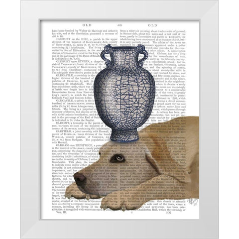 Labrador with Blue Vase White Modern Wood Framed Art Print by Fab Funky