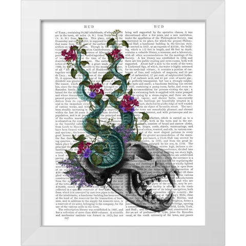 Skull with Blue Horns White Modern Wood Framed Art Print by Fab Funky