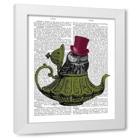 Owl In Teapot White Modern Wood Framed Art Print by Fab Funky