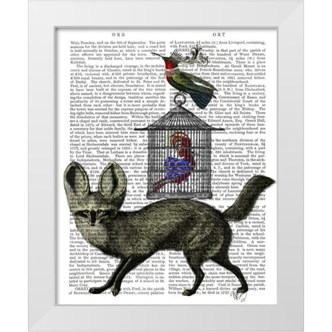 Fox With Birdcage White Modern Wood Framed Art Print by Fab Funky