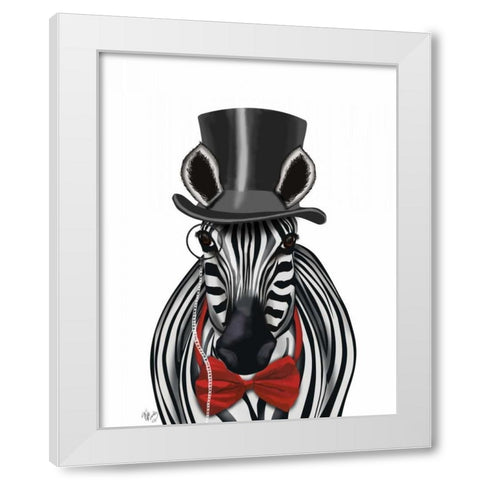 Zebra with Top Hat and Bow Tie 2, Forwards White Modern Wood Framed Art Print by Fab Funky