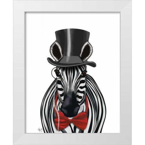 Zebra with Top Hat and Bow Tie 2, Forwards White Modern Wood Framed Art Print by Fab Funky