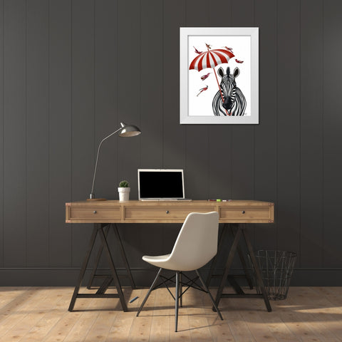 Zebra with Umbrella 2, Forward White Modern Wood Framed Art Print by Fab Funky