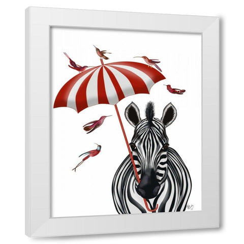 Zebra with Umbrella 2, Forward White Modern Wood Framed Art Print by Fab Funky