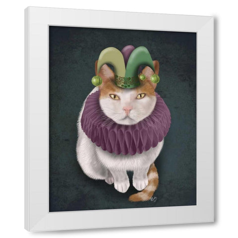 Cat, White with Jester Hat White Modern Wood Framed Art Print by Fab Funky