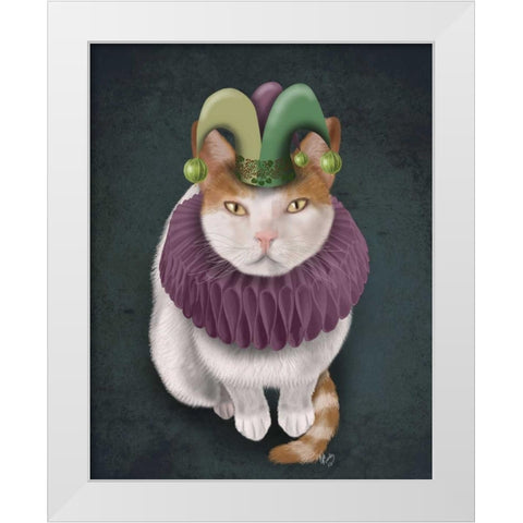 Cat, White with Jester Hat White Modern Wood Framed Art Print by Fab Funky