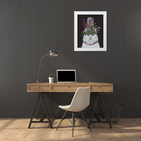 Cat, White with Butterfly bell jar, on black White Modern Wood Framed Art Print by Fab Funky