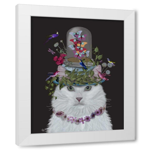 Cat, White with Butterfly bell jar, on black White Modern Wood Framed Art Print by Fab Funky