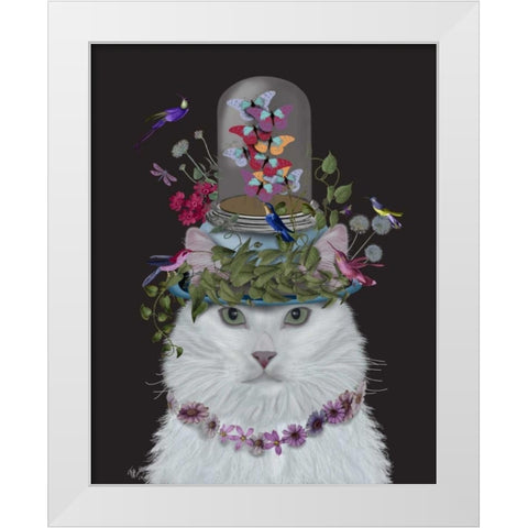 Cat, White with Butterfly bell jar, on black White Modern Wood Framed Art Print by Fab Funky