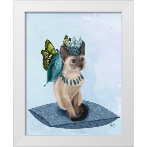 Cat with Blue Butterfly Wings White Modern Wood Framed Art Print by Fab Funky