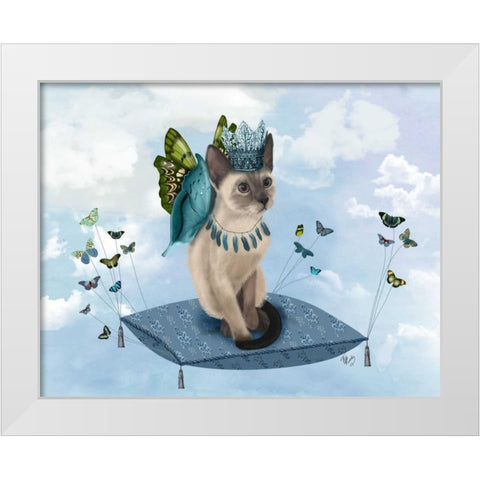 Cat on Pillow with Butterflies White Modern Wood Framed Art Print by Fab Funky