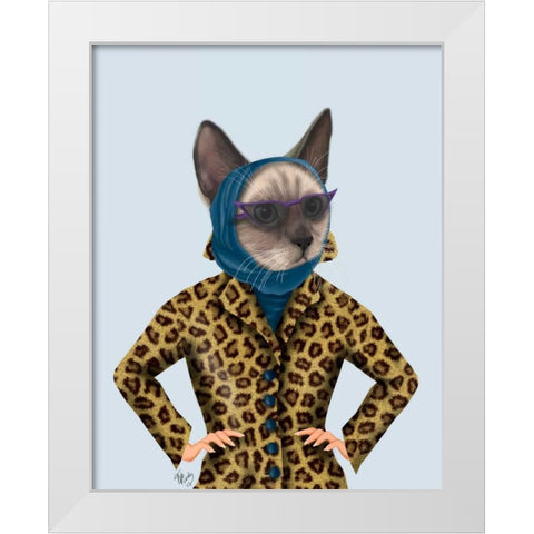 Cat with Leopard Jacket White Modern Wood Framed Art Print by Fab Funky