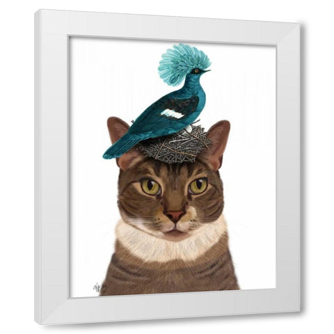 Cat with Nest and Blue Bird White Modern Wood Framed Art Print by Fab Funky
