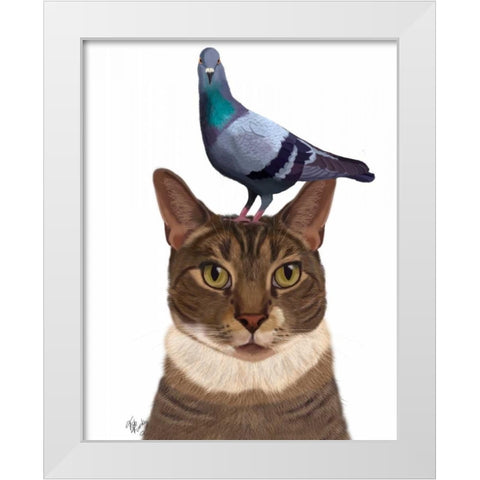 Cat with Pigeon on Head White Modern Wood Framed Art Print by Fab Funky
