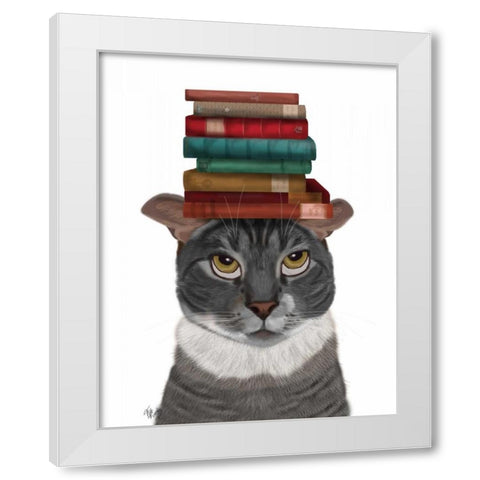 Grey Cat with Books on Head White Modern Wood Framed Art Print by Fab Funky