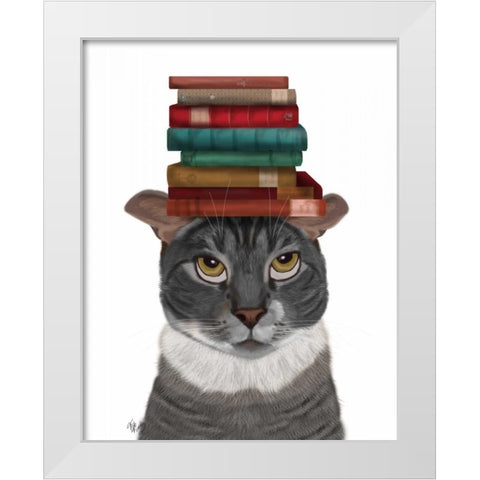 Grey Cat with Books on Head White Modern Wood Framed Art Print by Fab Funky