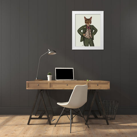 Cat in Tartan Waistcoat White Modern Wood Framed Art Print by Fab Funky