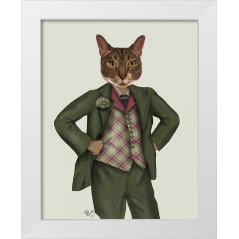 Cat in Tartan Waistcoat White Modern Wood Framed Art Print by Fab Funky