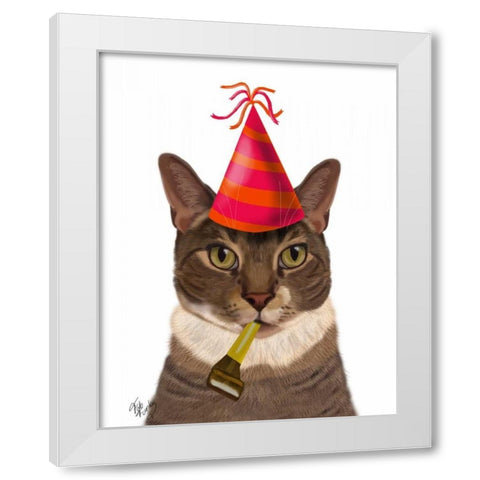 Tortoiseshell Cat, Party Hat White Modern Wood Framed Art Print by Fab Funky