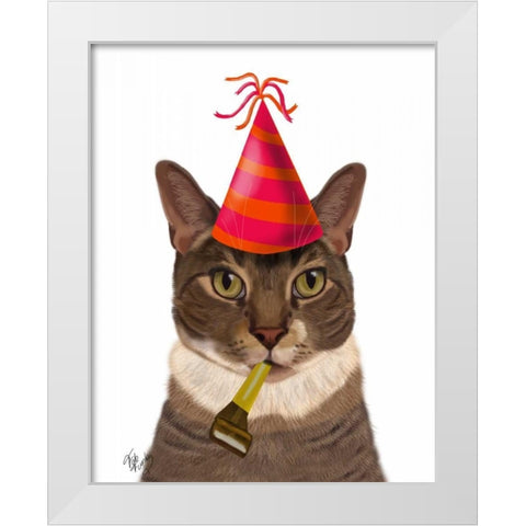 Tortoiseshell Cat, Party Hat White Modern Wood Framed Art Print by Fab Funky
