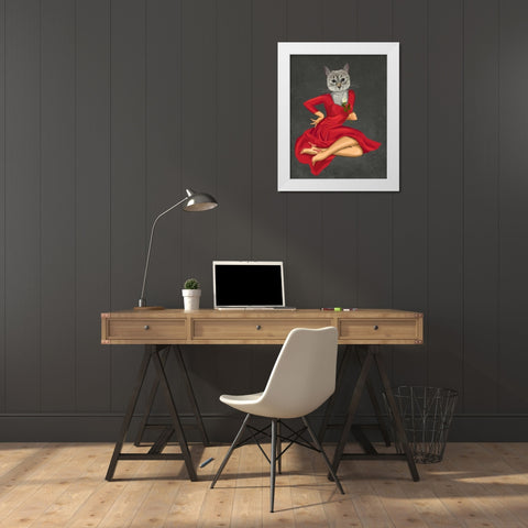 Grey Cat with White Rose White Modern Wood Framed Art Print by Fab Funky