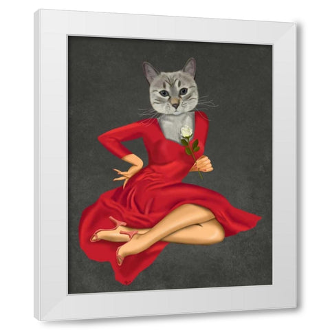 Grey Cat with White Rose White Modern Wood Framed Art Print by Fab Funky