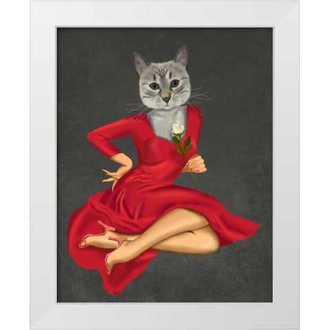 Grey Cat with White Rose White Modern Wood Framed Art Print by Fab Funky
