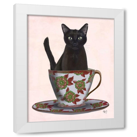 Black Cat in Teacup White Modern Wood Framed Art Print by Fab Funky