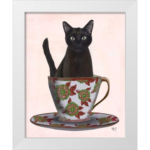 Black Cat in Teacup White Modern Wood Framed Art Print by Fab Funky