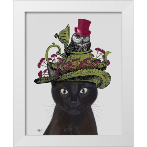 Black Cat with Teapot and Owl White Modern Wood Framed Art Print by Fab Funky