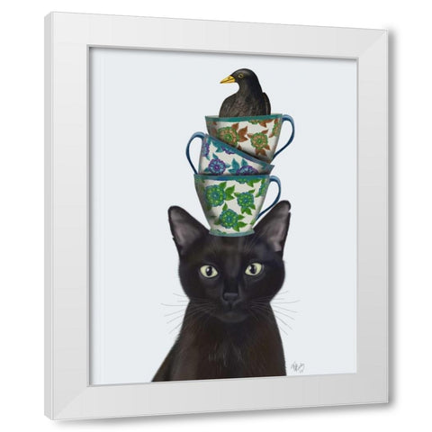 Black Cat with Teacups and Blackbird White Modern Wood Framed Art Print by Fab Funky