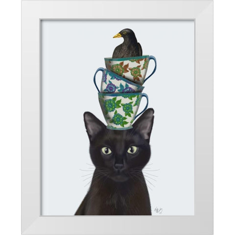 Black Cat with Teacups and Blackbird White Modern Wood Framed Art Print by Fab Funky