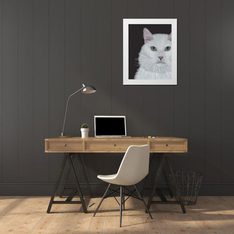Cat, White Portrait on Dark Grey White Modern Wood Framed Art Print by Fab Funky