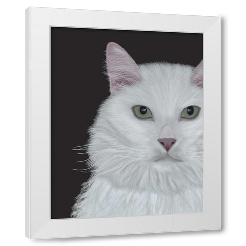 Cat, White Portrait on Dark Grey White Modern Wood Framed Art Print by Fab Funky