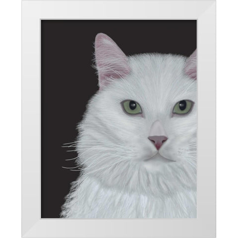Cat, White Portrait on Dark Grey White Modern Wood Framed Art Print by Fab Funky