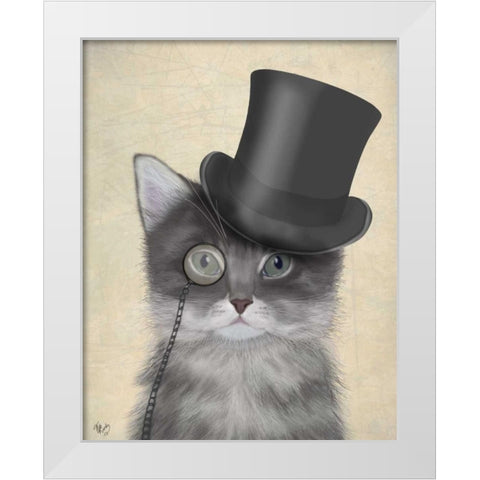 Cat, Grey with Top Hat White Modern Wood Framed Art Print by Fab Funky