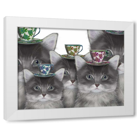 Cat Family Tea Party White Modern Wood Framed Art Print by Fab Funky