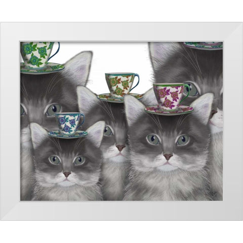 Cat Family Tea Party White Modern Wood Framed Art Print by Fab Funky