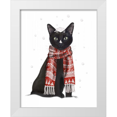 Black Cat, Red Scarf White Modern Wood Framed Art Print by Fab Funky