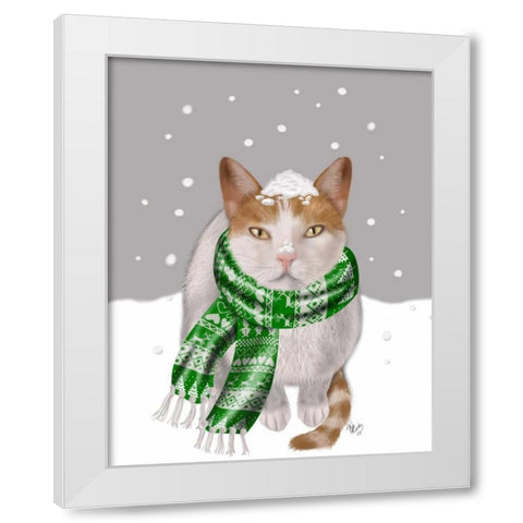 White Cat, Green Scarf White Modern Wood Framed Art Print by Fab Funky