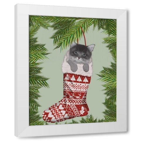 Grey Kitten in Christmas Stocking White Modern Wood Framed Art Print by Fab Funky