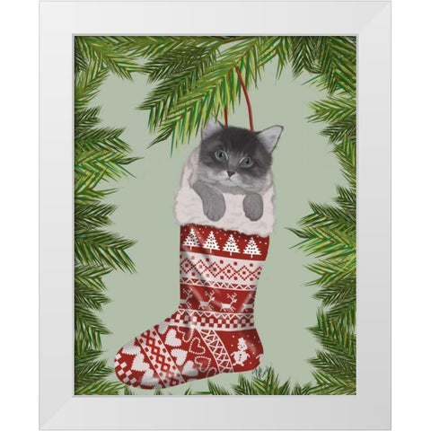 Grey Kitten in Christmas Stocking White Modern Wood Framed Art Print by Fab Funky